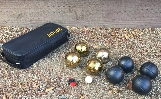 73mm Metal Bocce/Petanque with 8 black and gold balls- black bag