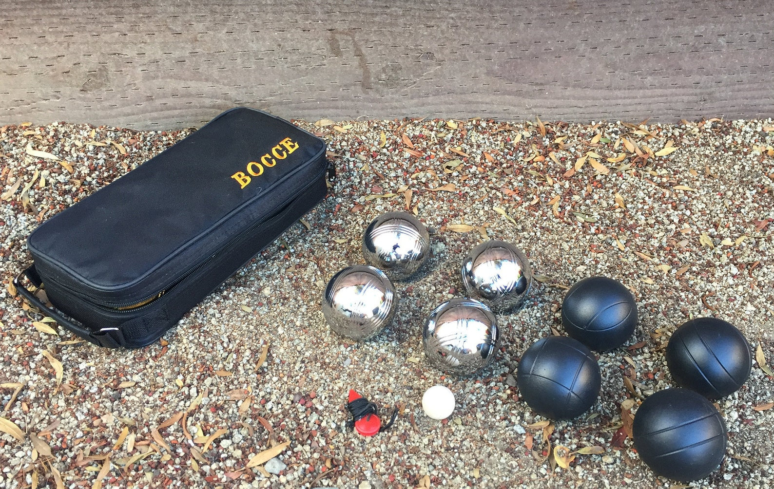 Little and Large Bocce Set - popular 73mm Metal Bocce/Petanque Set with 8 Black and Silver Balls and black Bag, and 30mm mini bocce set