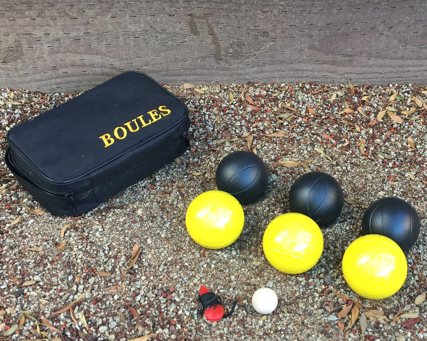 73mm Metal Boules Set with 6 Black and Yellow Balls and Black Bag