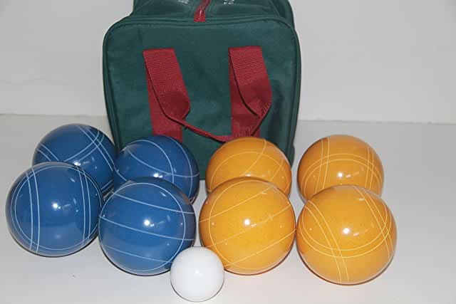 EPCO 110mm Tournament quality Bocce Set - Rustic Yellow/Blue balls- green/maroon bag