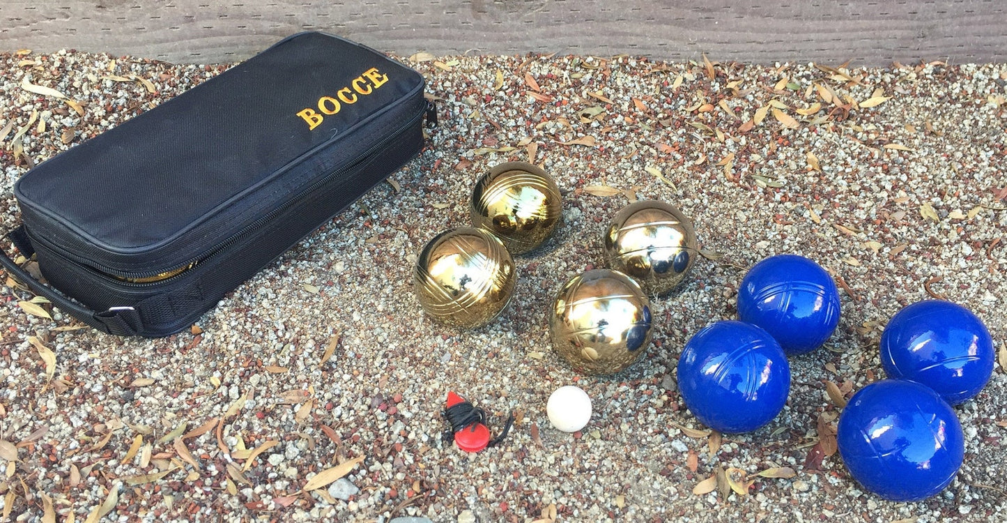 73mm Metal Bocce/Petanque Set with 8 Gold and Blue Set and Black Bag