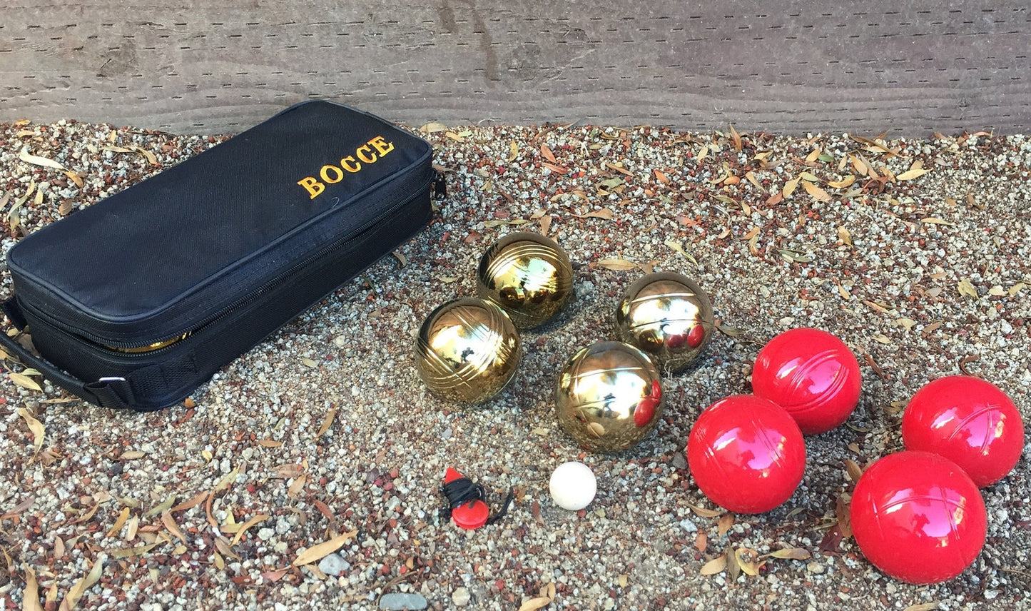 73mm Metal Bocce/Petanque Set with 8 Red and Gold Balls and Black Bag