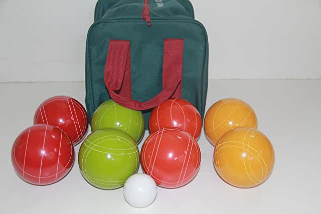 EPCO 110mm Tournament quality Bocce Set - Rustic Yellow/Orange/Red/Green balls and  green/maroon bag