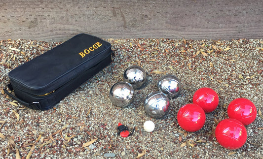 73mm Metal Bocce/Petanque Set with 8 Red and Silver Balls and Black Bag