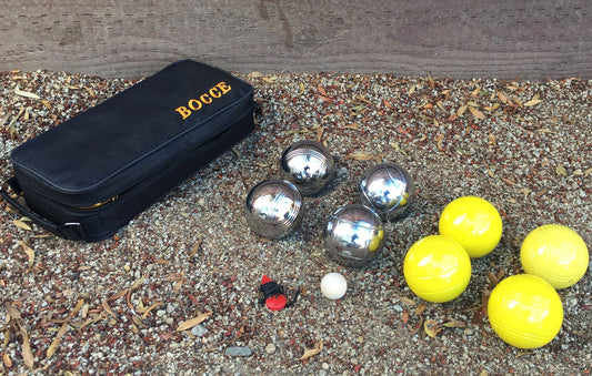 73mm Metal Bocce/Petanque Set with 8 Yellow and Silver Balls and Black Bag