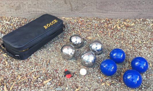 73mm Metal Bocce/Petanque Set with 8 Blue and Silver Balls and Black Bag